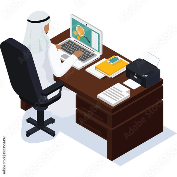 Fototapeta Man in Traditional Arabic Clothing Works at a Desk with a Laptop and Printer in a Digital Art Illustration