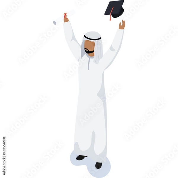 Obraz Man in white traditional Arab clothing celebrating graduation holding diploma and throwing cap in the air with a black mortarboard and red tassel in a pixel art style with a transparent background