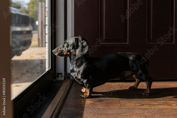 Obraz Dachshund standing in sunlight  looking outside