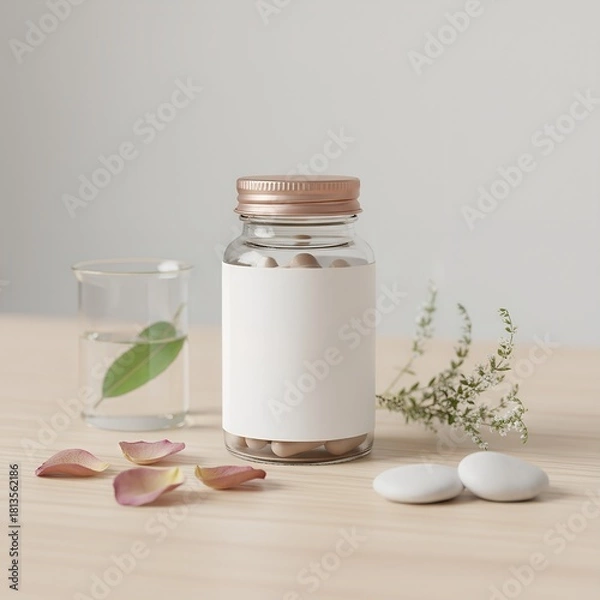 Fototapeta Botanical supplement bottle mockup with soft-focus greenery behind, glass water cup, natural petals, and soft shadows. Gentle warm light, holistic wellness aesthetic, modern apothecary vibe,