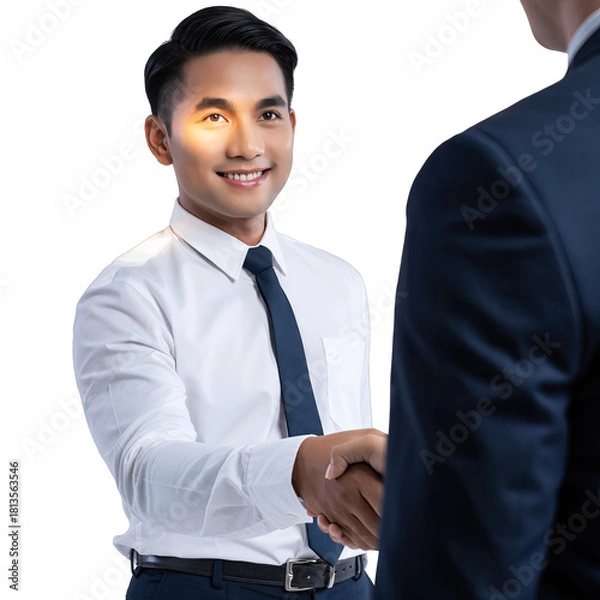 Obraz Smiling Asian Businessman in White Shirt and Dark Tie Shaking Hands with Colleague in Studio with Soft Lighting and Isolated Background
