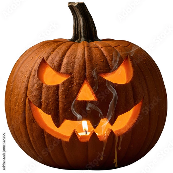 Obraz Spooky Halloween Jack o Lantern Pumpkin with Scary Face and Glowing Candle Inside Emitting Smoke on Transparent Background Macro Shot for Holiday Decorations
