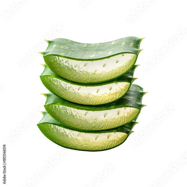 Obraz Stack of Fresh Aloe Vera Slices Showing Gel Interior and Spiky Green Leaves Isolated on Transparent Background Soft Studio Lighting