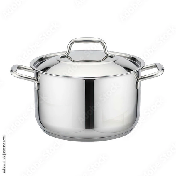 Obraz Stainless Steel Cooking Pot with Lid Reflecting Light Isolated on Black Background Kitchenware Utensil Studio Shot with Soft Lighting