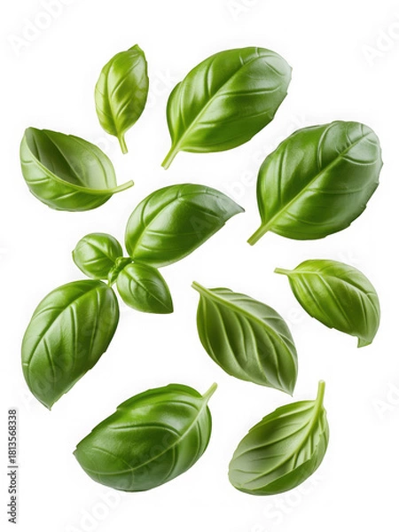 Fototapeta Fresh green basil leaves scattered isolated on a plain background isolated on transparent background