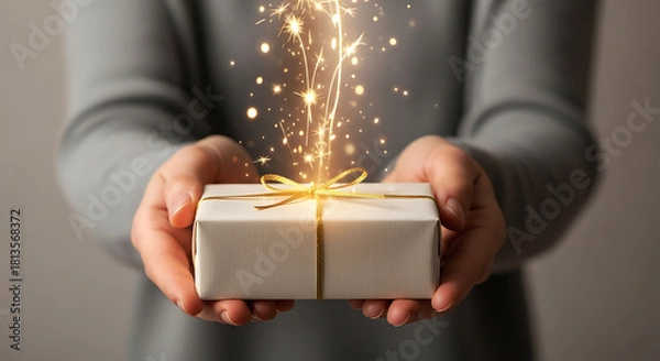 Fototapeta Hands Holding Magic Christmas And New Year Gift Box with Sparkles, Hand Holding Surprise Present with Golden Light Effect For Christmas And New Year, holiday celebrations, promotions, birthdays.