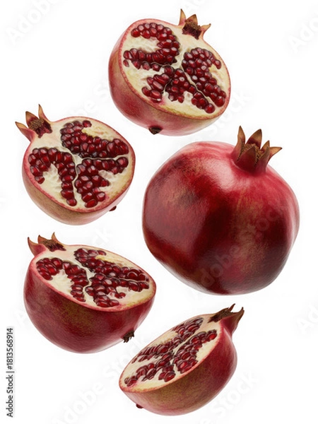 Fototapeta Fresh pomegranates whole and halved isolated on black background isolated on transparent background