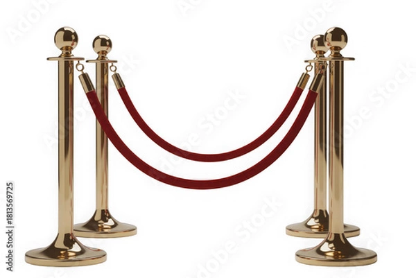 Fototapeta Golden stanchion posts with red velvet rope barrier isolated isolated on transparent background