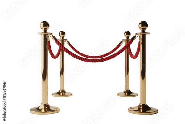 Obraz Golden stanchions with red rope barrier on black background isolated on transparent background