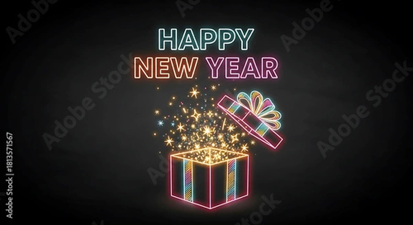 Fototapeta Happy New Year Neon Sign with Exploding Rainbow Gift Box – 2026 Celebration, Vibrant Neon Happy New Year Greeting with Magic Gift & Fireworks Effect, cards, social media posts, party invitations.