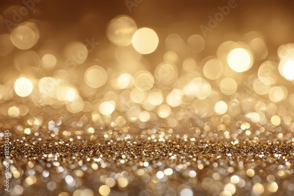 Fototapeta Golden Glittering Background With Bokeh Effect and Warm Lighting Shimmering Particles for Festive Celebrations