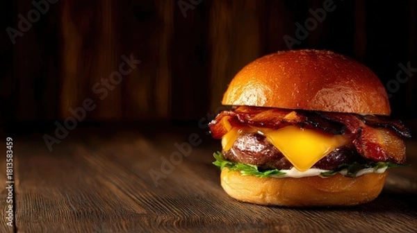 Obraz Gourmet Burger with Bacon Cheese and Lettuce on a Wooden Surface with a Dark Background