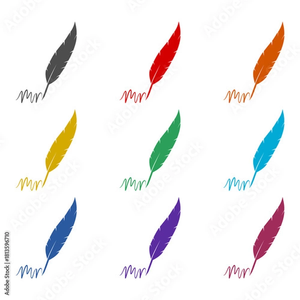 Fototapeta Feather quill pen logo with ink pot icon isolated on white background. Set icons colorful