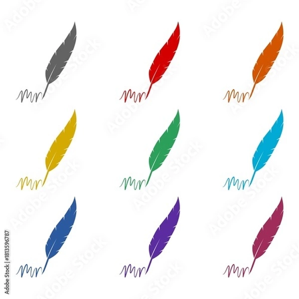 Fototapeta Feather quill pen logo with ink pot icon isolated on white background. Set icons colorful