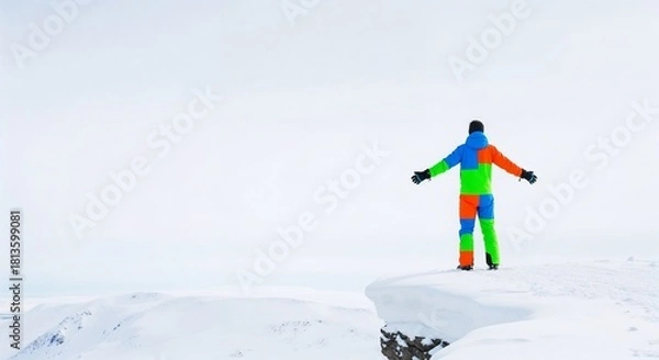 Obraz Man in colorful suit standing on snowy cliff edge with arms open