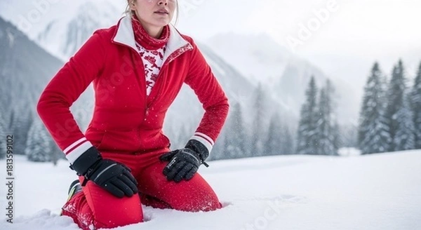 Obraz Woman kneeling in red outfit on snowy field with forest backdrop