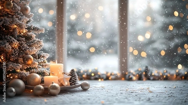 Fototapeta Cozy christmas scene with snow covered tree candles and ornaments by the window during snowfall day