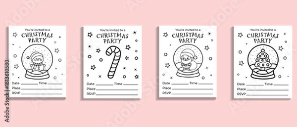 Obraz Set of Christmas party invitations, vector coloring pages for kids with cute characters