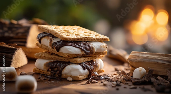 Fototapeta S’mores with Marshmallows and Chocolate in Warm Golden Hour Lighting