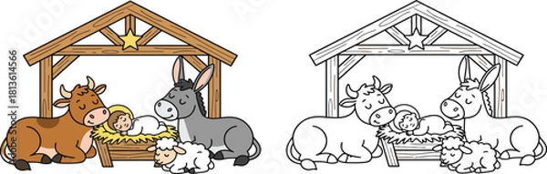 Obraz Cartoon Nativity Scene with Baby Jesus Donkey Cow and Sheep in a Stable