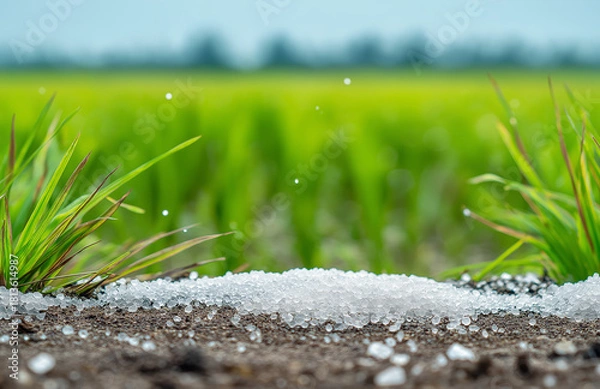Fototapeta White Salt Beads on Soil with Green Rice Fields in Sunny Agricultural Scene