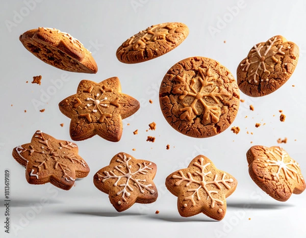 Obraz Delicious gingerbread cookies of various shapes and sizes appear to float against a plain background.