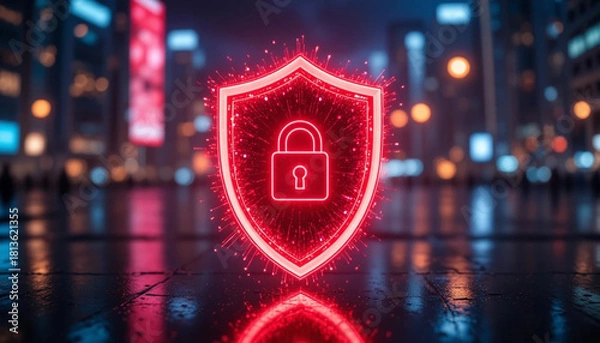 Fototapeta Futuristic Cybersecurity Shield with Glowing Padlock