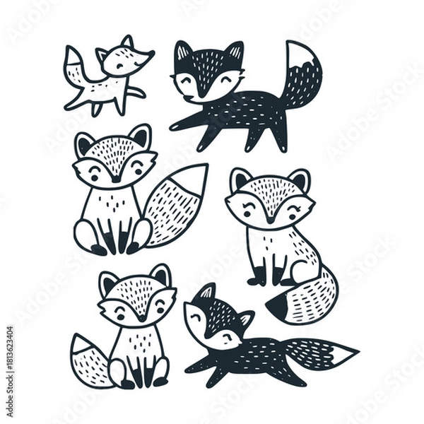 Obraz Children's line scribble of playful cute fox