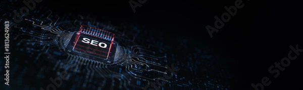 Fototapeta SEO Search Engine Optimization Enhancing Online Visibility Illustrated on a Processor Touched by a Human Hand.