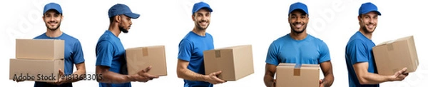 Fototapeta PNG Assorted Delivery man with parcel box, element set on transparent background