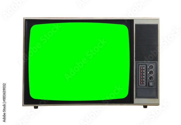 Fototapeta Black vintage green screen TV for adding new images to the screen. Isolated on white background.