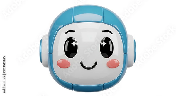 Fototapeta Cute blue robot head with big sparkling eyes isolated on transparent background