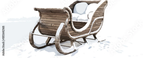 Fototapeta A detailed image of a wooden sleigh with white cushions, resting on a snowy surface, with a blurred background.