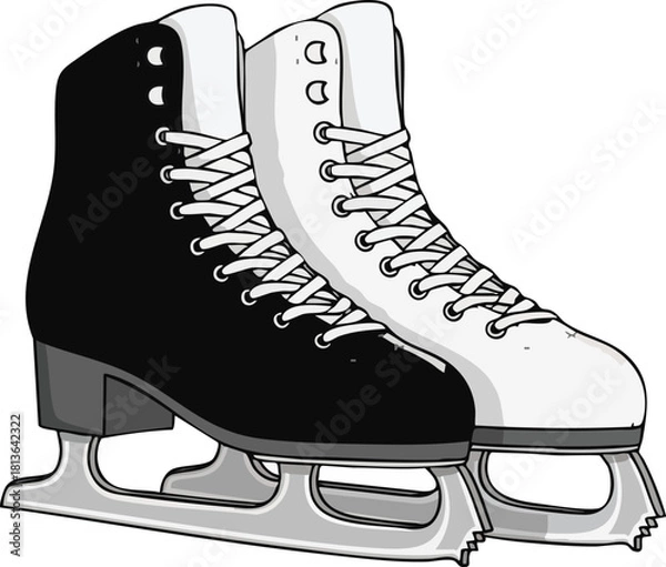 Fototapeta A black and a white figure skate standing side by side as a pair, isolated on a white background.