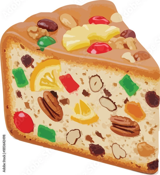 Fototapeta A detailed vector illustration of a slice of holiday fruitcake packed with candied fruits, nuts, and citrus peel.