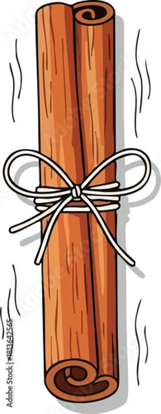 Fototapeta A cartoon illustration of two aromatic cinnamon sticks tied together with a white bow, suggesting warmth and spice for culinary use.