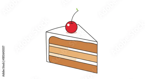 Obraz Pastel Cake Slice with Cherry – Cute Flat Vector Illustration