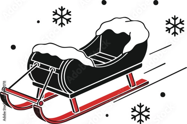 Fototapeta A black and red wooden sleigh covered in white snow, with snowflakes falling around it, depicted in a graphic style.