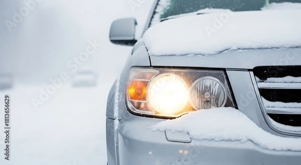 Obraz Car headlight illuminated in heavy snowfall with snow-covered hood winter driving