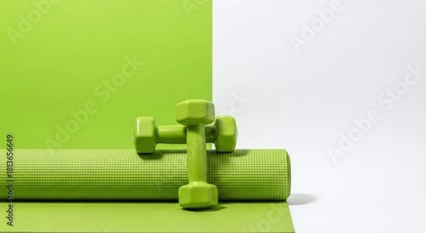 Fototapeta A bright green dumbbell rests on a rolled yoga mat, set against a split green and white backdrop.
