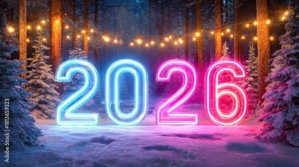 Fototapeta neon sign displays new year 2026 atop snow covered surface bright lights illuminate winter scene festive atmosphere
