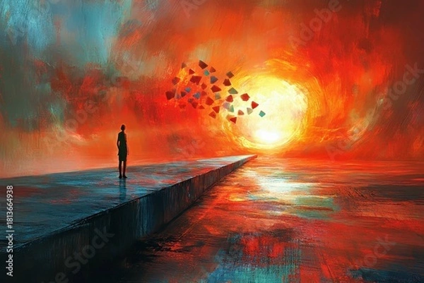 Fototapeta Psilocybin therapy aphantasia Emdr Ai nft Reparenting Narcissistic abuse Liminal Into the Cryptoverse Applied intuition Mysterium network A stylized representation of young person surrounded by float