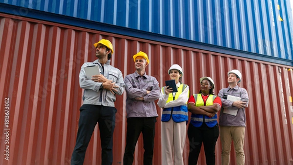 Obraz Diverse logistics and engineering team standing confidently in front of shipping containers. Concept of teamwork, global trade, industry, and supply chain management