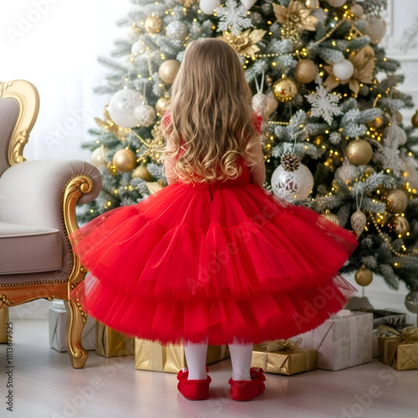 Obraz Adorable little girl in red dress admiring the shimmering Christmas tree lights, creating a magical holiday moment, perfect for festive family campaigns