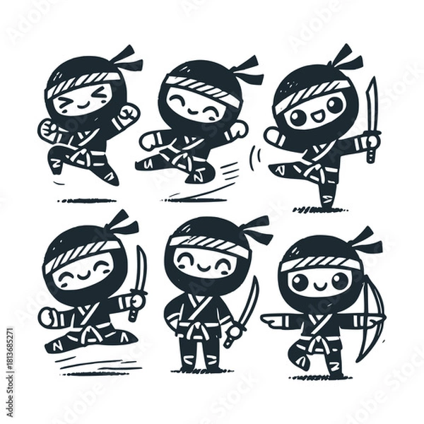 Fototapeta Children's line scribble of playful cute ninja