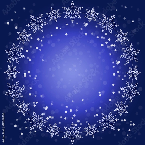 Fototapeta Vector Christmas illustration. Christmas round frame of snowflakes on a blue background with a simulation of falling snow.