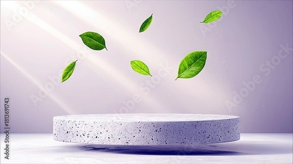 Fototapeta Several green leaves are floating in the air above a round concrete pedestal, with light rays streaming from the left.