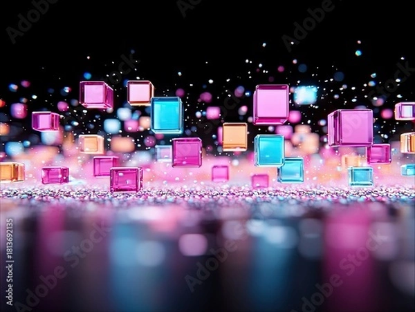 Fototapeta A collection of translucent, colorful cubes float and sparkle against a dark, blurred background with a glittery surface.