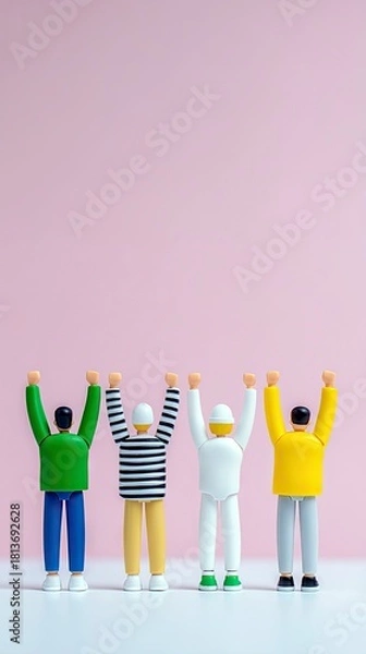 Fototapeta Four stylized figures stand in a row with their arms raised, representing diversity and unity.