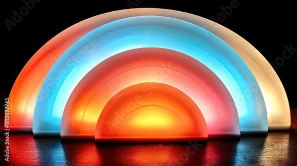 Fototapeta A close-up of four translucent, glowing lamps shaped like rainbow arcs, emitting warm red, orange, and cool blue and white light.
